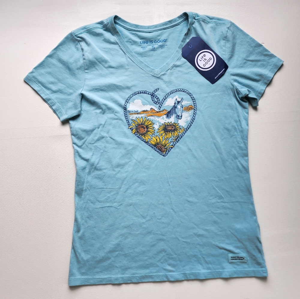 Life Is Good Fineline Rope Heart With Horse And Sunflower Print V Neck Top